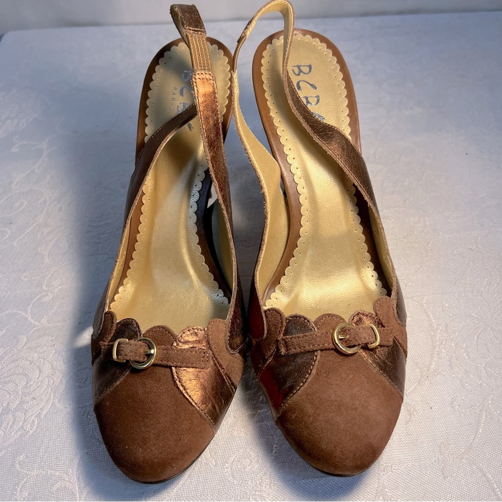BCBG Paris Shoes Brown Suede Buckle Sling Back 4” Stiletto Heels 7.5
